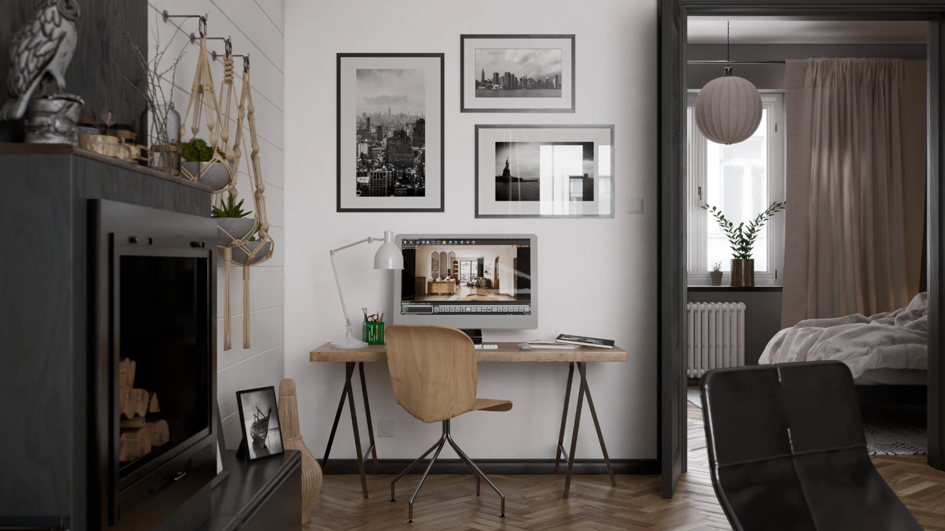 Helle, detailreiche 3D-Visualisierung eines Innenraums – Ansicht 5
