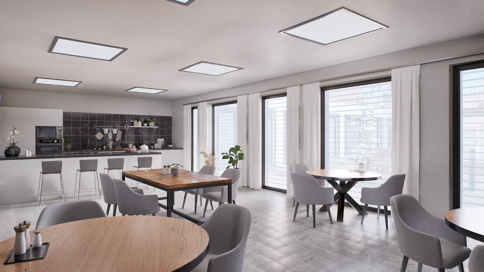 Heller Innenraum des Architekturkonzepts Gedächtnisdomizil mit Sitzgruppen und großen Fenstern