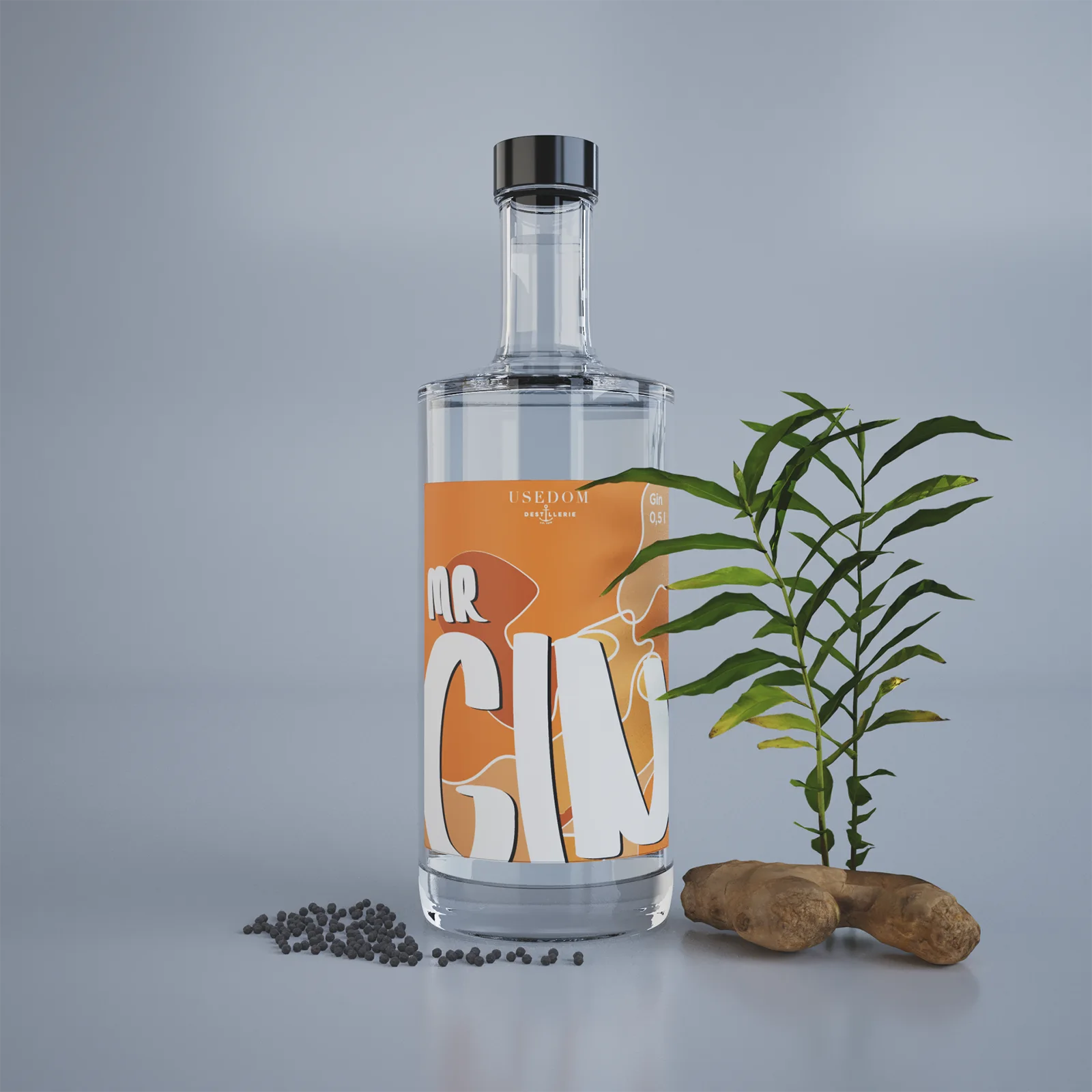 Gin-Flasche der Usedom Destillerie mit Glasdetails und pflanzlichen Elementen – Ansicht 3