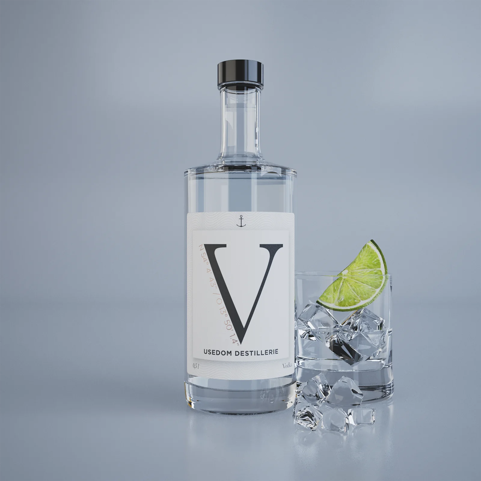 Gin-Flasche der Usedom Destillerie mit Glasdetails und pflanzlichen Elementen – Ansicht 5