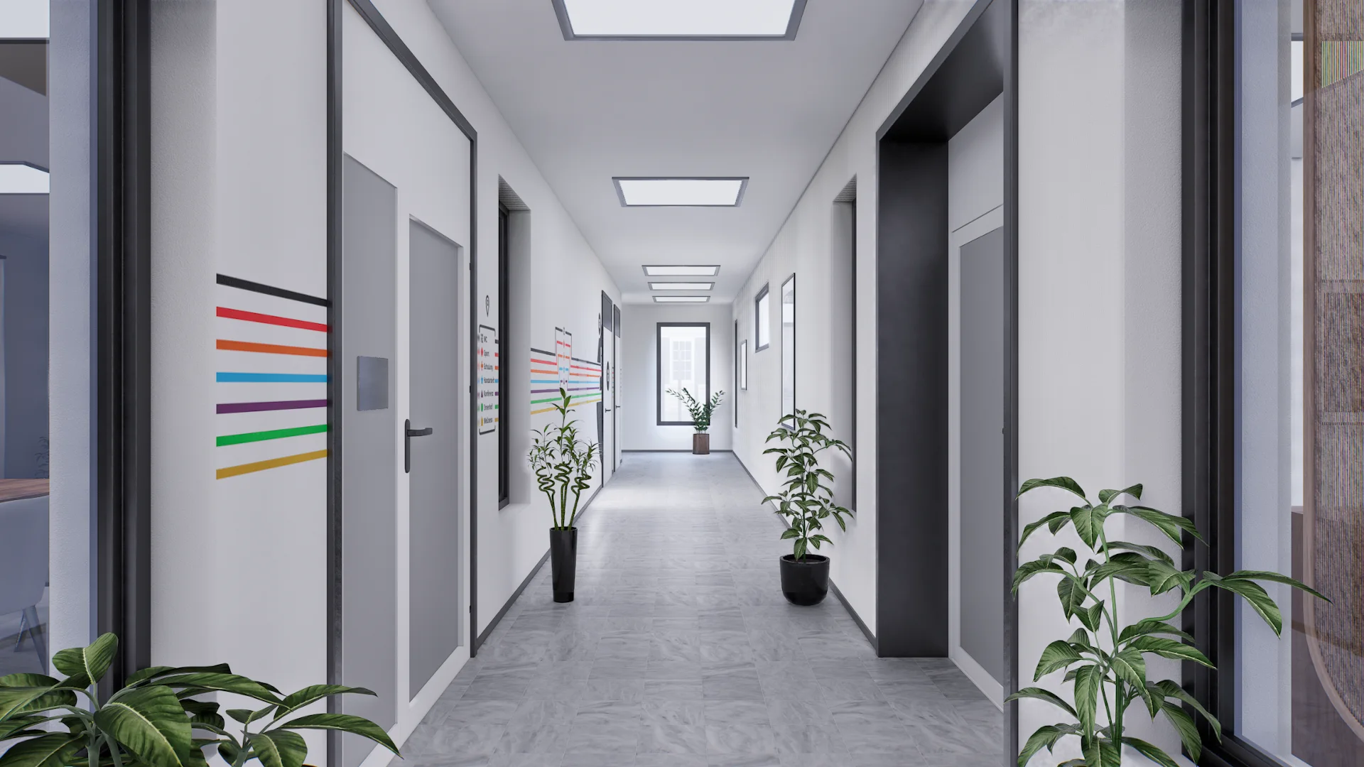 Heller Innenraum des Architekturkonzepts Gedächtnisdomizil mit Sitzgruppen und großen Fenstern – Ansicht 6