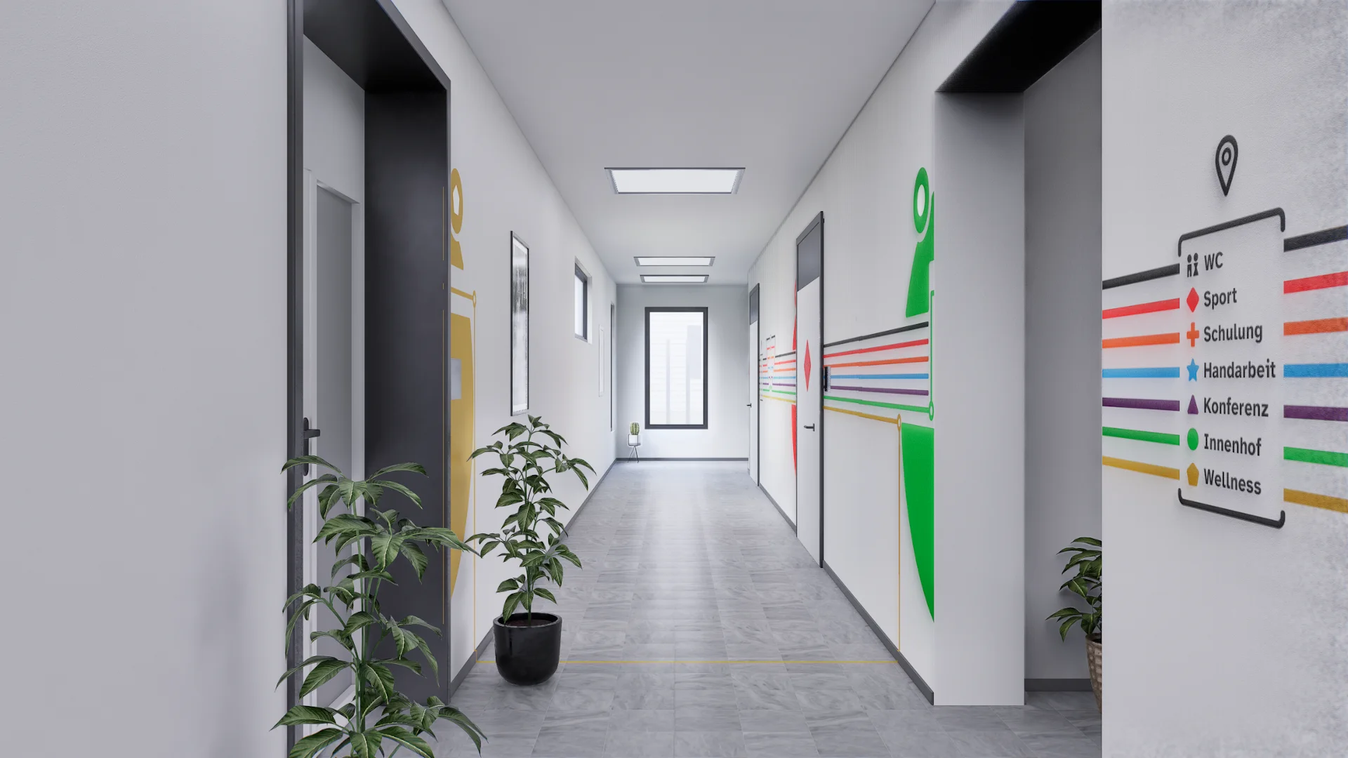 Heller Innenraum des Architekturkonzepts Gedächtnisdomizil mit Sitzgruppen und großen Fenstern – Ansicht 7