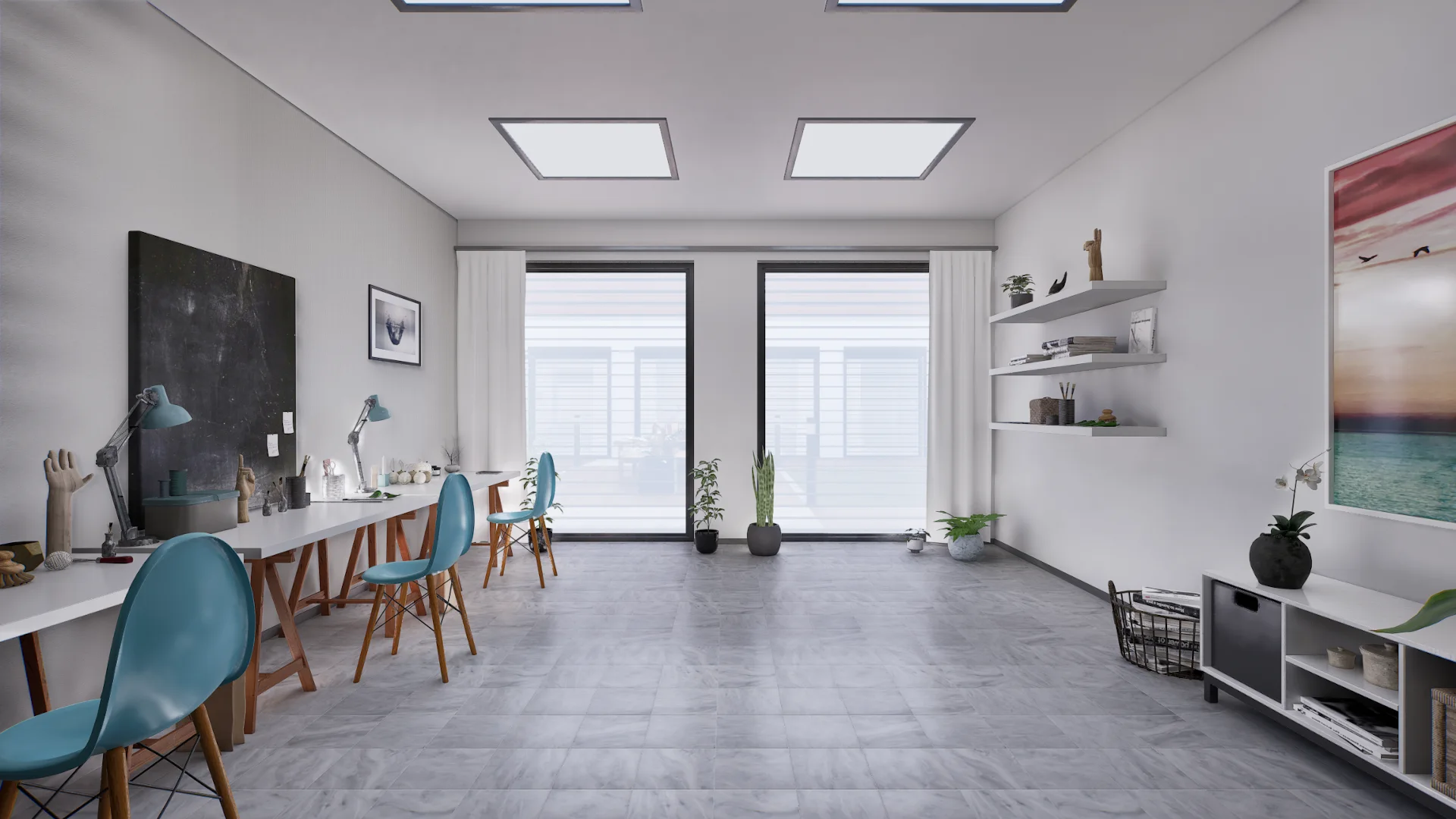 Heller Innenraum des Architekturkonzepts Gedächtnisdomizil mit Sitzgruppen und großen Fenstern – Ansicht 9