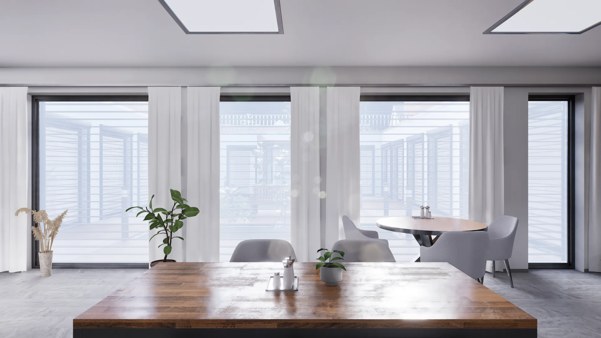 Heller Innenraum des Architekturkonzepts Gedächtnisdomizil mit Sitzgruppen und großen Fenstern – Ansicht 11