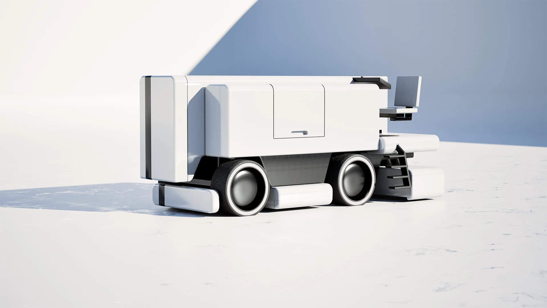 Weiße Eisbearbeitungsmaschine als industrielle Zamboni-Konzeptstudie – Ansicht 3