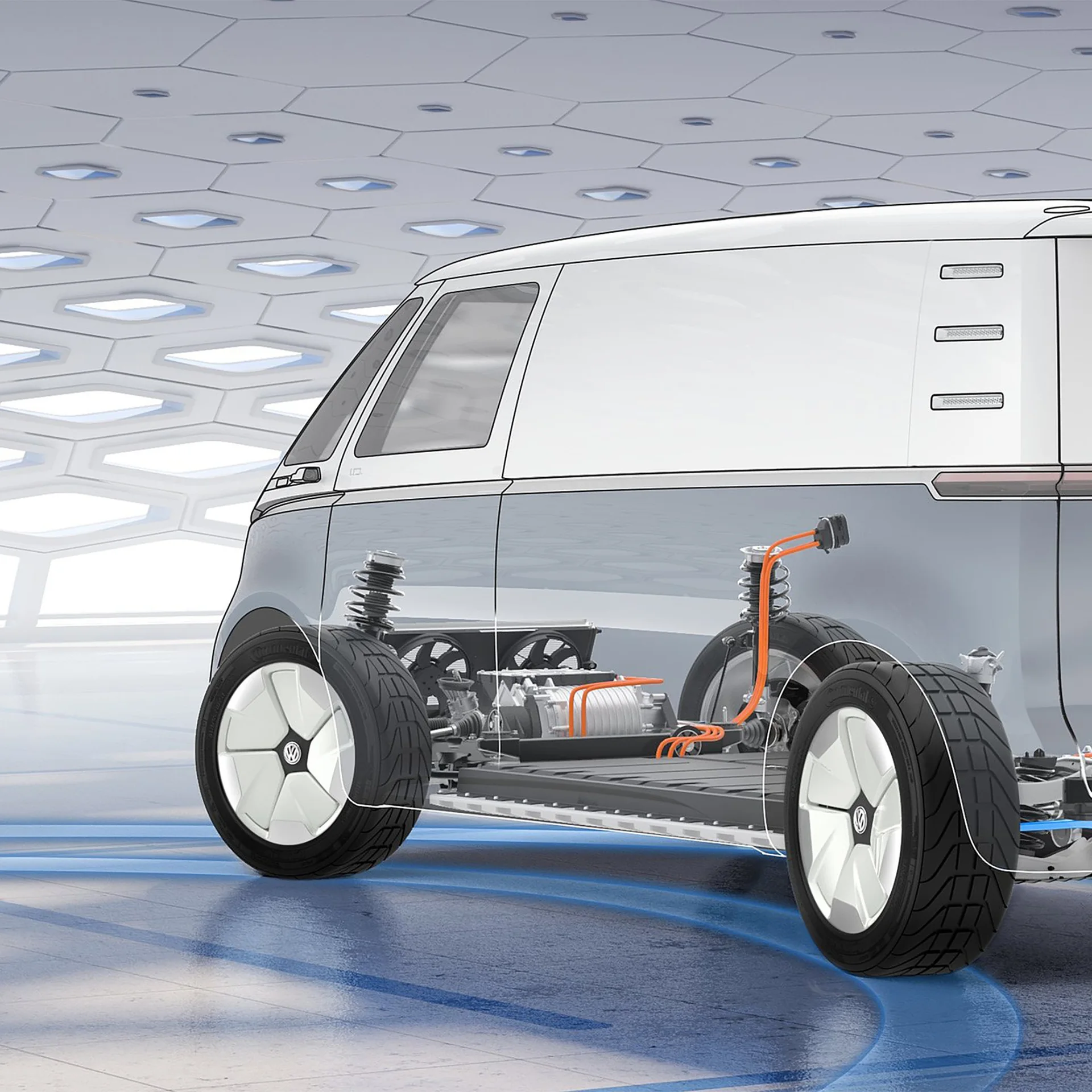 Visualisierung eines Volkswagen Fahrzeugantriebs im transparenten Fahrzeugmodell – Ansicht 3