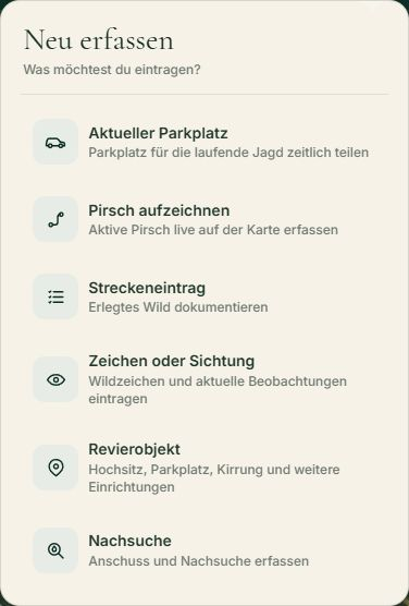 Waidruf-Menü zum Erfassen von Sichtungen, Pirsch und Revierobjekten