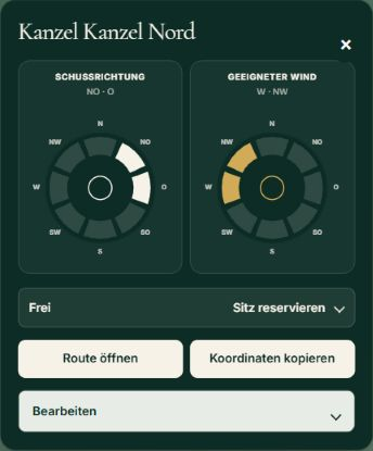 Hochsitz-Detail mit Richtungsanzeige und Aktionen in einer isolierten Testansicht