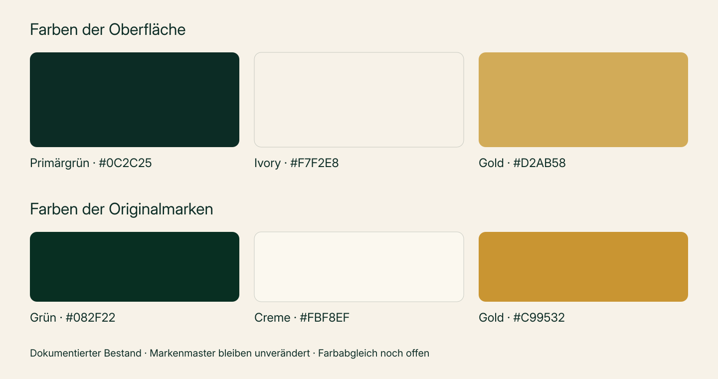 Farbpalette der Waidruf-Oberfläche und separat dokumentierte Farben der Originalmarken