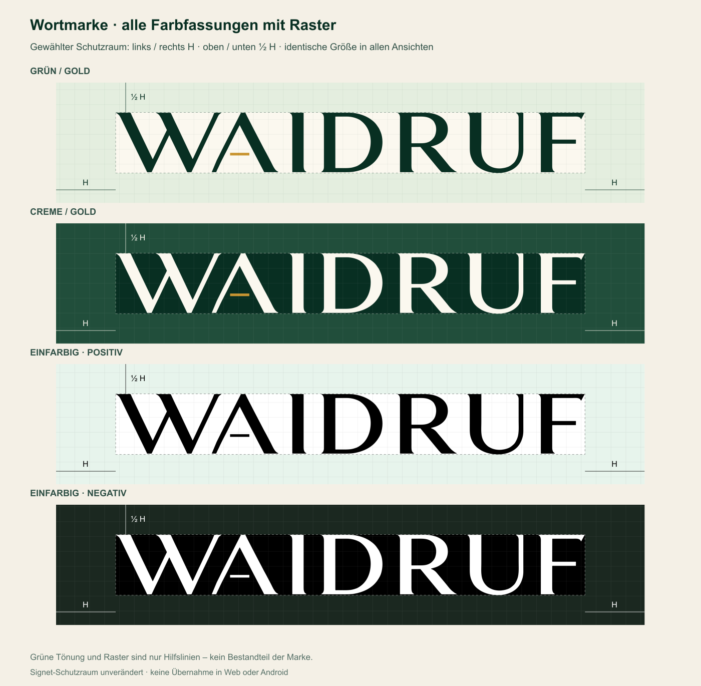 Vier Farbfassungen der Waidruf-Wortmarke mit Raster und Schutzraum