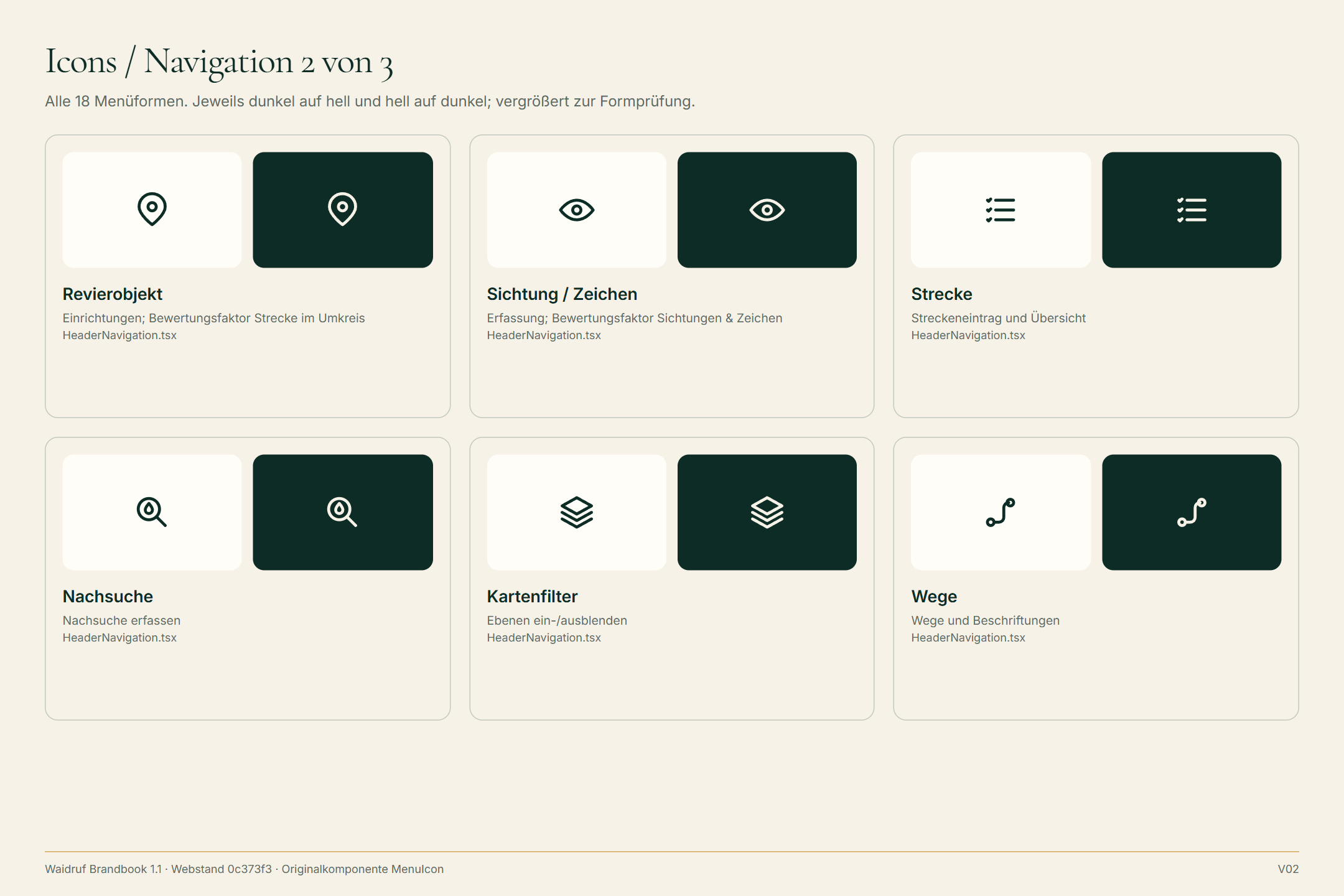 Waidruf-Menüicons für Revierobjekte, Sichtungen, Strecke, Nachsuche, Kartenfilter und Wege